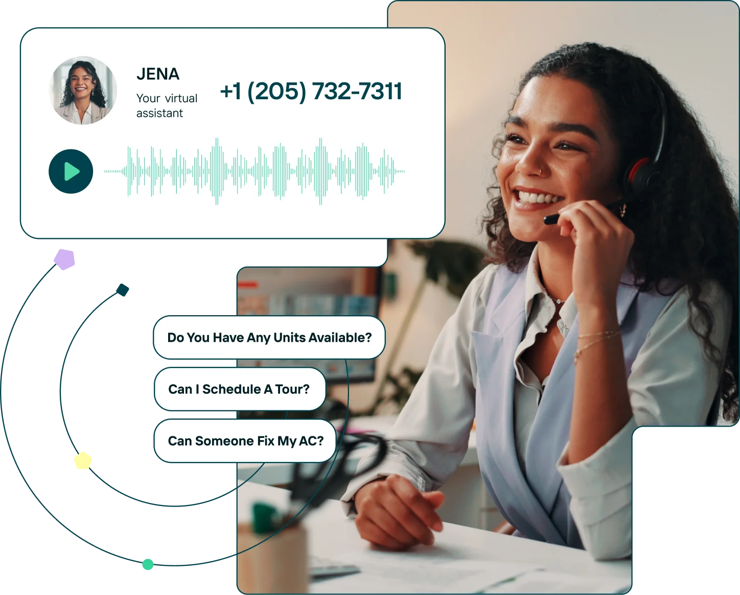 Jena, the Revmo virtual assistant for property management, with caller questions about available units, tours, and maintenance