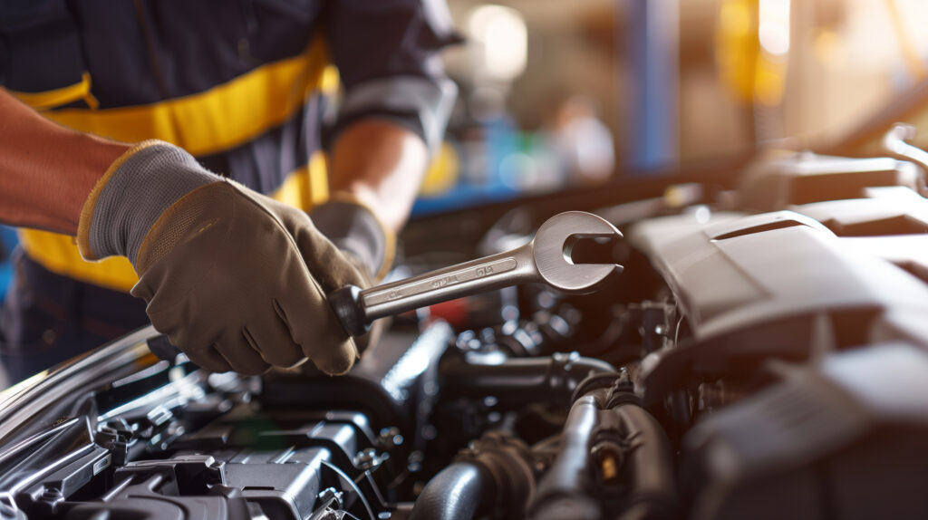 A mechanic makes repairs with a spanner under the bonnet of a car in a car repair shop. High quality photo